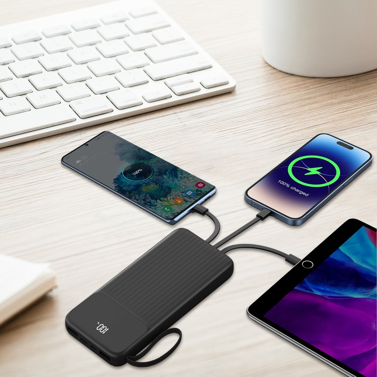 1Pc PD22W Fast Charger 20000Mah Fast Charging Power Bank Portable Charger with 4 Inbuilt Cables Digital Display Handle Fit for Iosphone 15 14 Android and More