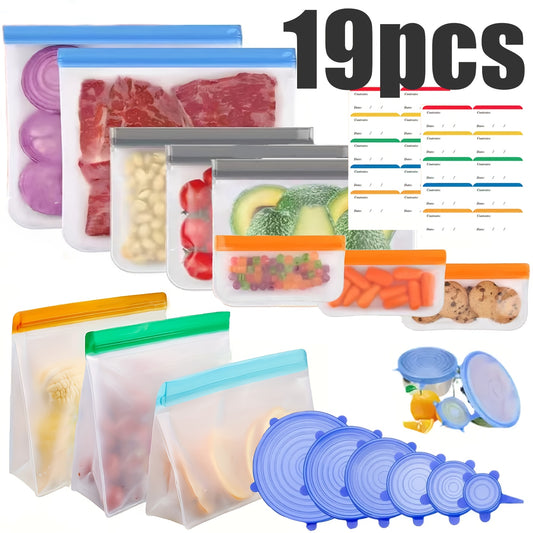 19 Pack Dishwasher Safe Reusable Bag Set, Silicone, Extra Thick Leak Proof Reusable Freezer Bags, BPA-Free Reusable Food Storage Bags for Lunch Meat Vegetables