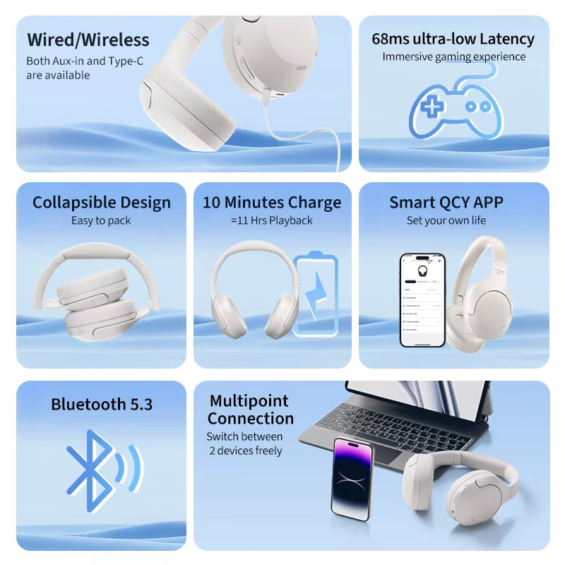 H3 Lite ANC Wireless/Wired Headphones Bluetooth 5.3 Foldable over Ear Headset HIFI Sound 60H Playtime Earphones Dual Connect