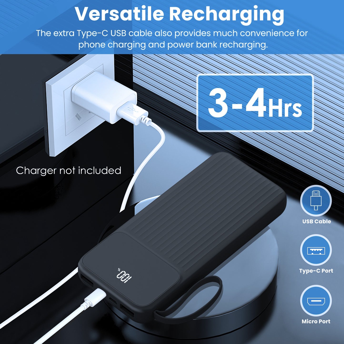 1Pc PD22W Fast Charger 20000Mah Fast Charging Power Bank Portable Charger with 4 Inbuilt Cables Digital Display Handle Fit for Iosphone 15 14 Android and More