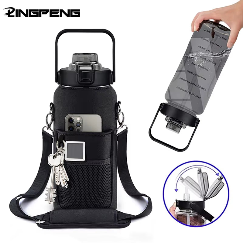 2L 64OZ Half Gallon Water Bottle with Sleeve Motivational Water Bottle with Straw & Time Marker Leakproof Sport Water Jug